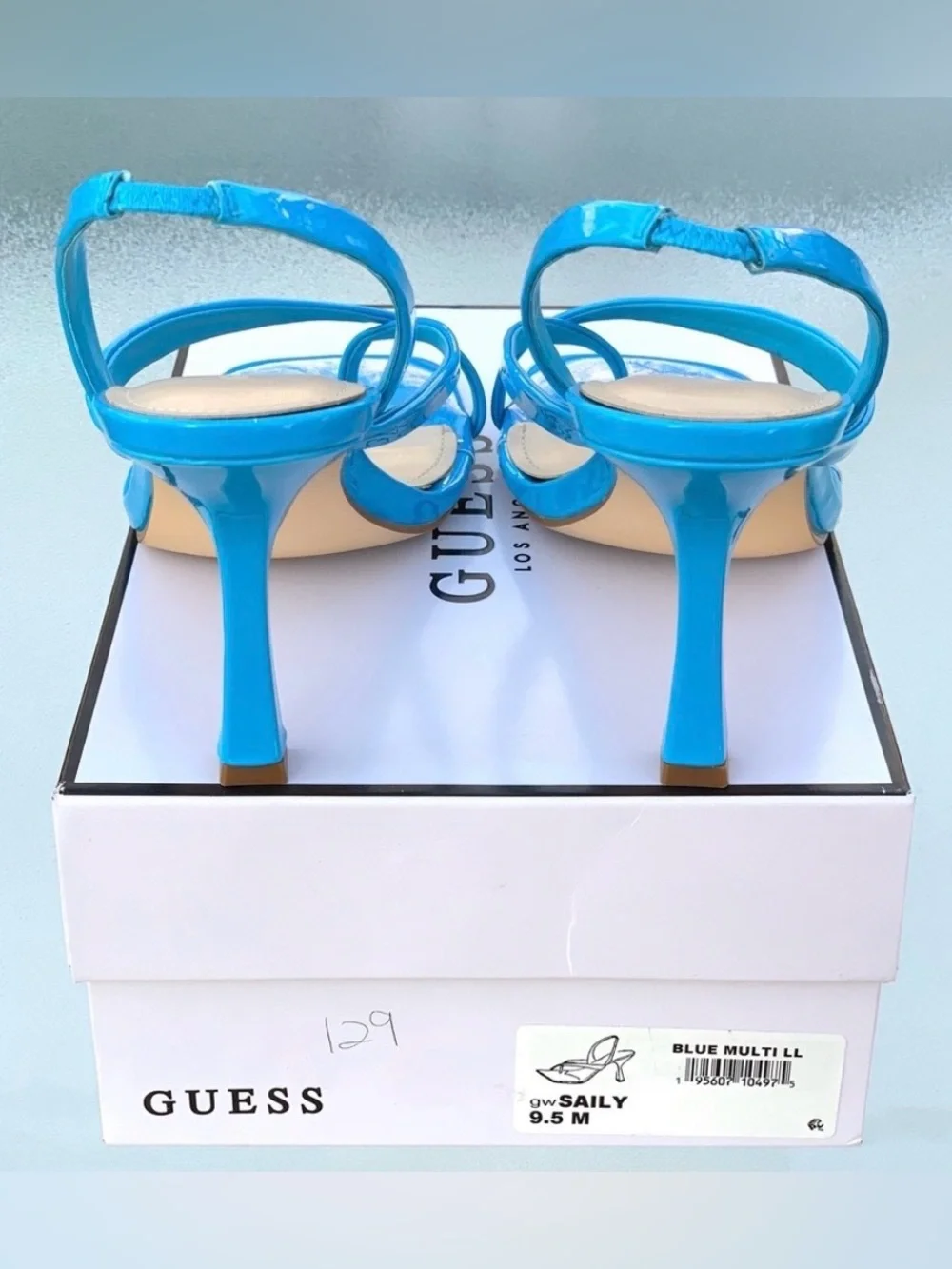 GUESS Saily High Gloss Bright Blue Crisscross Strappy High Heel Sandals 9.5 M